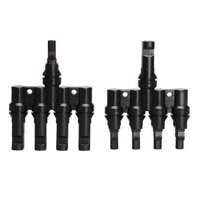 Flat front view of male and female 4-way solar combiners side by side