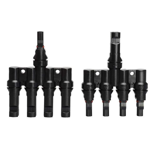 Flat front view of male and female 4-way solar combiners side by side