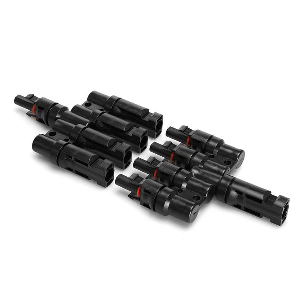 Two 4-to-1 solar splitters lying flat showing black housings and locking clips