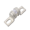 Angled view of 400A MEGA-style ceramic fuse showing metal terminals and printed rating specifications