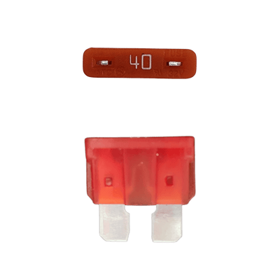 Orange 40A ATO/ATC automotive blade fuse with silver-plated terminals showing top and side profiles
