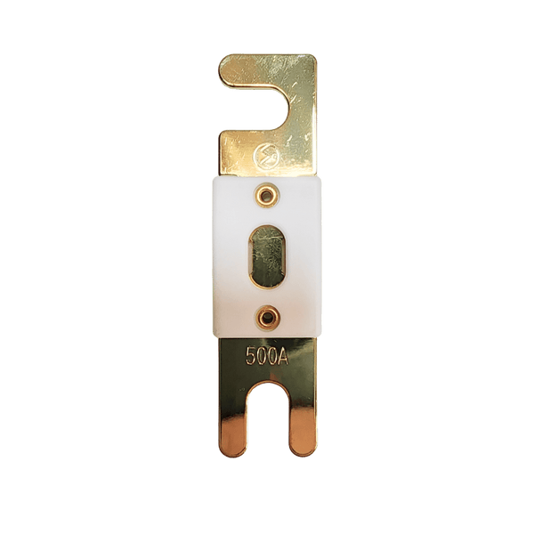 Top-down view of 500A ANL fuse showing gold terminals and ceramic body