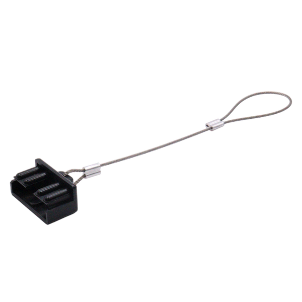 Black 50A connector dust cover with flexible steel lanyard loop