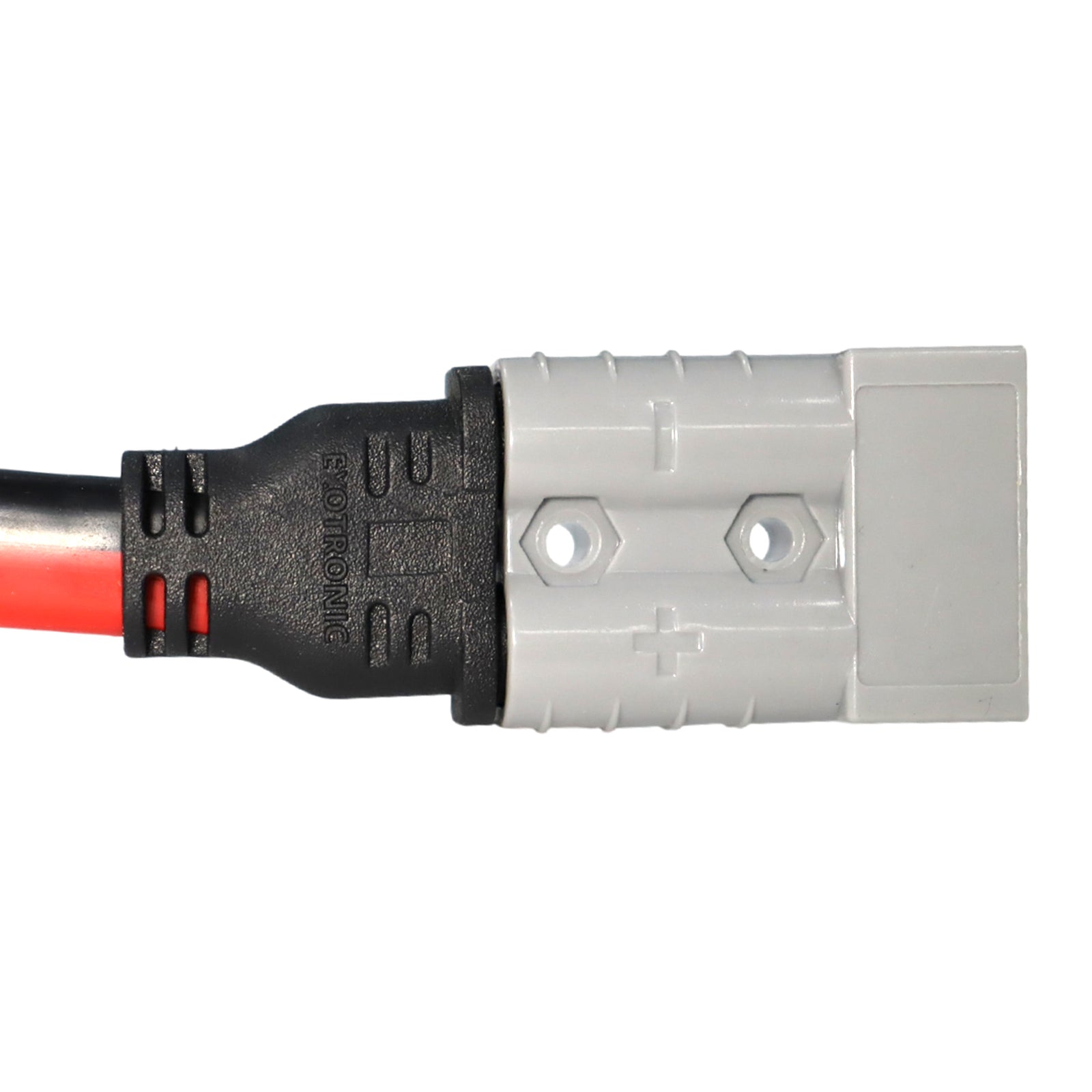 Side profile of 50A Anderson style plug showing mounting holes and strain relief
