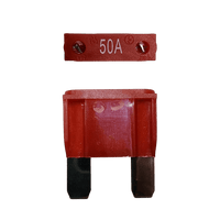 Red 50A maxi blade fuse showing top amperage rating and side profile with silver terminals