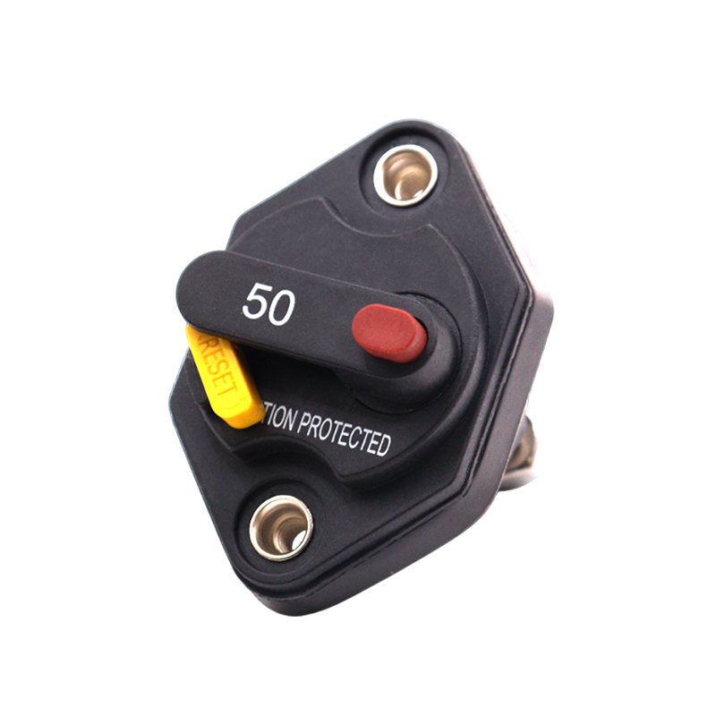 Front view of 50A panel mount circuit breaker with red trip button and yellow reset lever