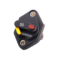 Front view of 50A panel mount circuit breaker with red trip button and yellow reset lever