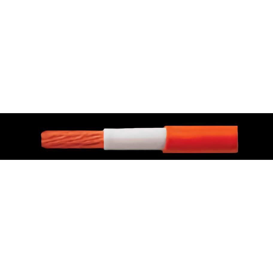 Stripped 50mm² flexible welding cable showing stranded copper core, white insulation and orange NBR sheath