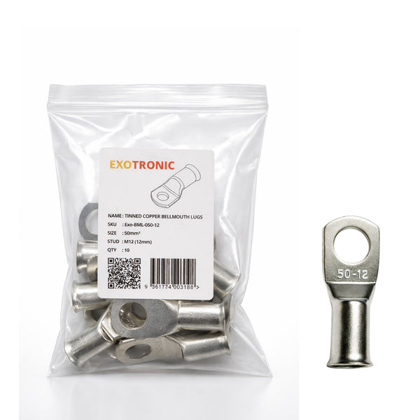 10 pack of 50mm² tinned copper bellmouth lugs with M12 stud hole and one loose lug