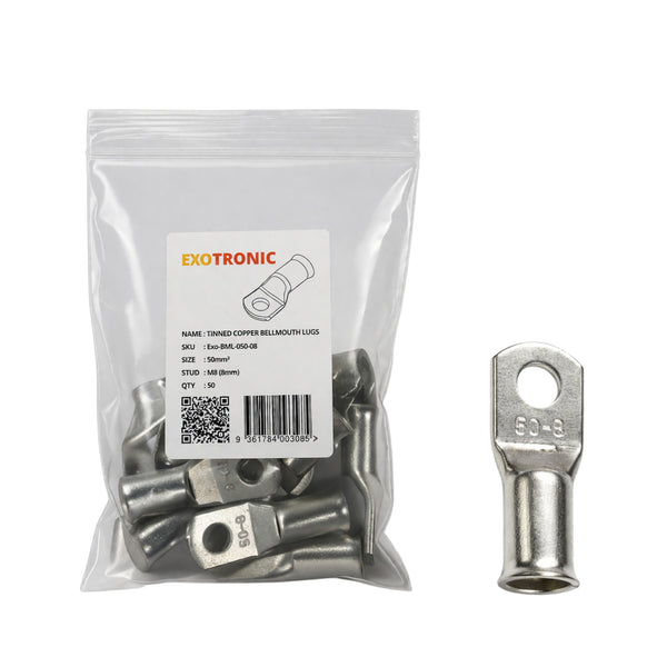 10 pack of 50mm² tinned copper bellmouth lugs with M8 stud hole and one loose lug