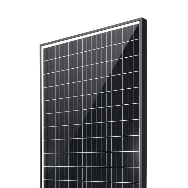 Angled close-up of solar panel surface showing tempered glass and frame