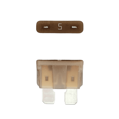Tan 5A ATO/ATC automotive blade fuse with silver-plated terminals showing top and side profiles