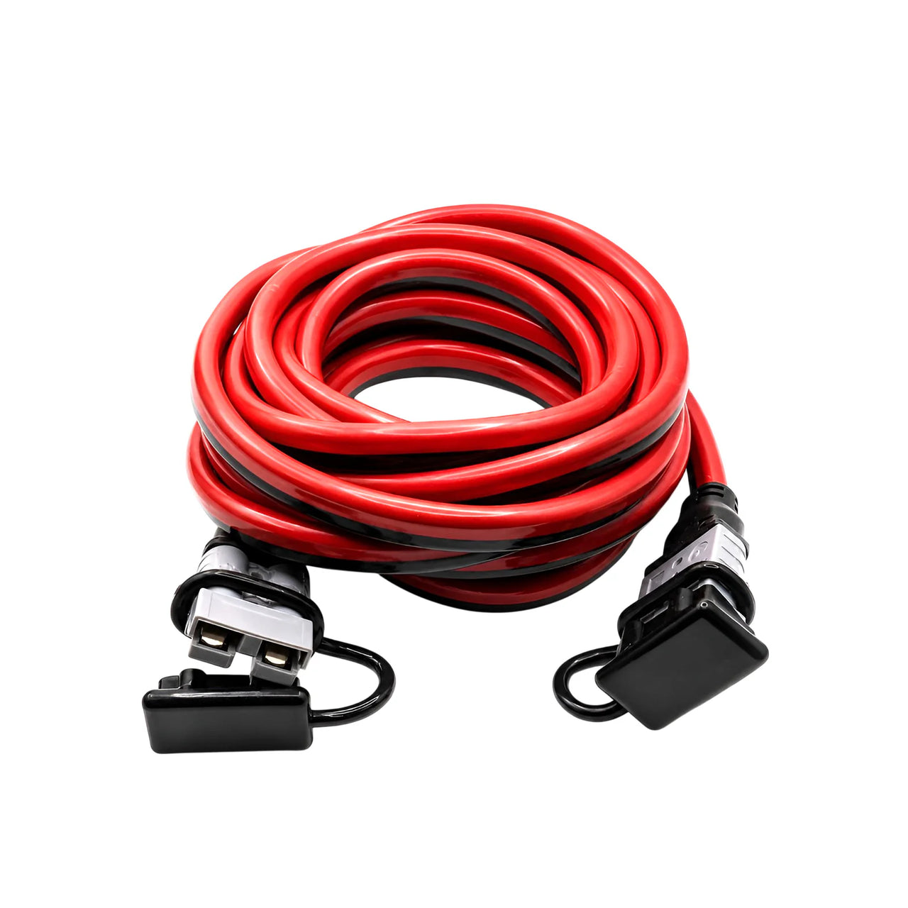 Coiled 5m 8AWG extension lead with 50A Anderson-style connectors and protective rubber dust caps