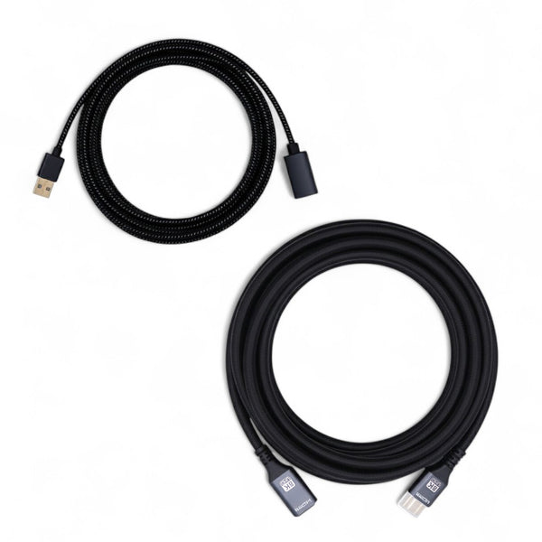 Two coiled 5m extension cables, one HDMI and one USB, with black braided sleeving