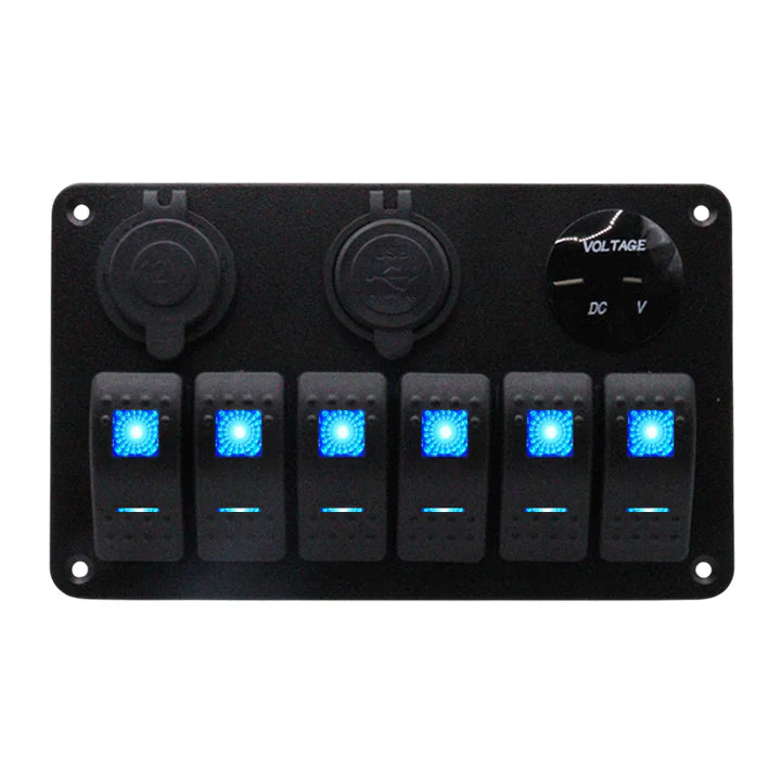 Front view of 6-gang aluminium marine switch panel with blue LED rockers, voltmeter and USB ports