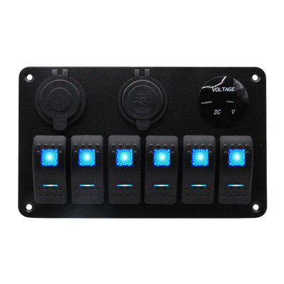 Front view of 6-gang aluminium marine switch panel with blue LED rockers, voltmeter and USB ports