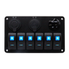 Front view of 6-gang aluminium marine switch panel with blue LED rockers, voltmeter and USB ports