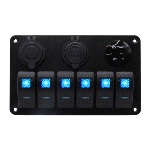 Front view of 6-gang aluminium marine switch panel with blue LED rockers, voltmeter and USB ports