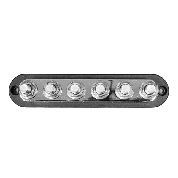 Top-down view of black 6-stud busbar showing terminal layout and mounting holes