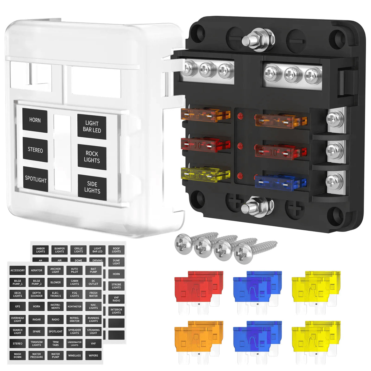 Complete 6-way fuse block kit including spare fuses, mounting screws, and identification stickers