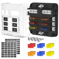 Complete 6-way fuse block kit including spare fuses, mounting screws, and identification stickers