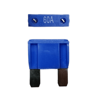 Blue 60A maxi blade fuse showing top amperage rating and side profile with silver terminals