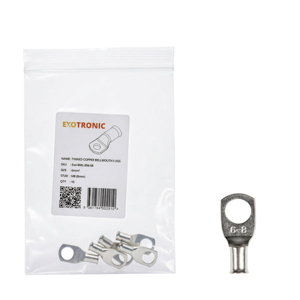 10 pack of 6mm² tinned copper bellmouth lugs with M8 stud hole and one loose lug