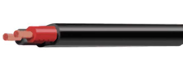 Close-up of stripped 6mm twin core automotive cable revealing red insulation and copper strands