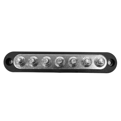 Top-down view of 7-stud busbar showing terminal layout and mounting holes