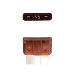 Brown 7.5A ATO/ATC automotive blade fuse with silver-plated terminals showing top and side profiles