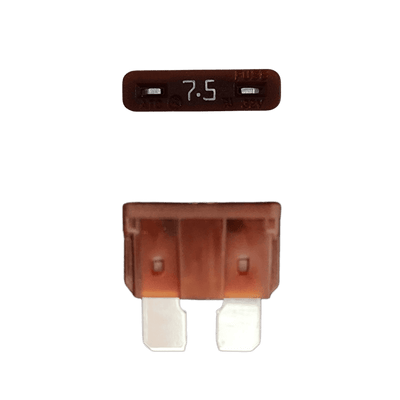 Brown 7.5A ATO/ATC automotive blade fuse with silver-plated terminals showing top and side profiles