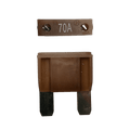 Brown 70A maxi blade fuse showing top amperage rating and side profile with silver terminals