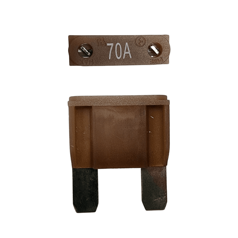 Brown 70A maxi blade fuse showing top amperage rating and side profile with silver terminals
