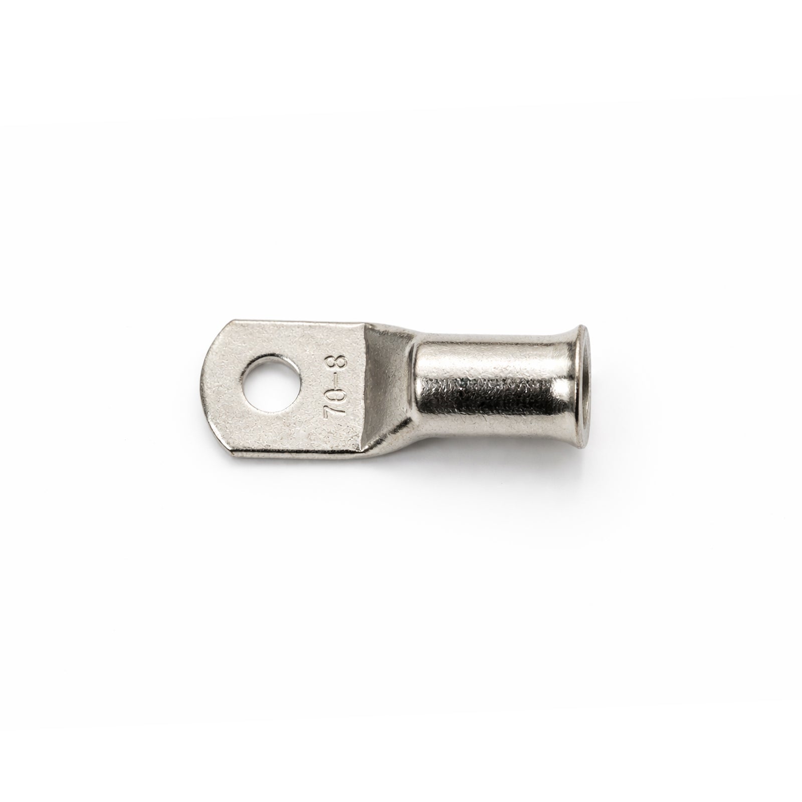 Overhead view of a 70mm² M8 tinned copper lug showing size markings