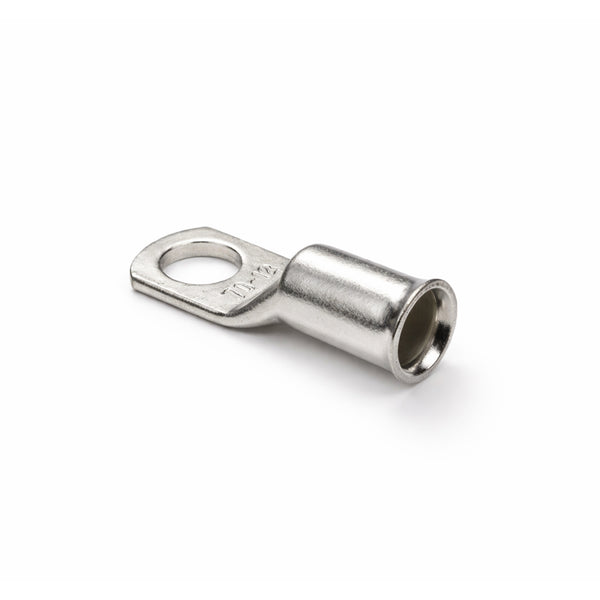 Perspective view of a tinned copper lug showing the flared bellmouth cable entry