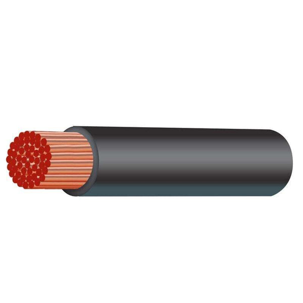 Close-up of black 8B&S automotive cable with stripped end showing multi-stranded copper core