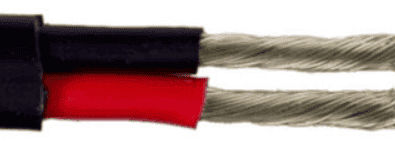 Stripped 8B&S twin core marine cable showing tinned copper strands and red and black insulation inside a black sheath