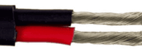 Stripped 8B&S twin core marine cable showing tinned copper strands and red and black insulation inside a black sheath