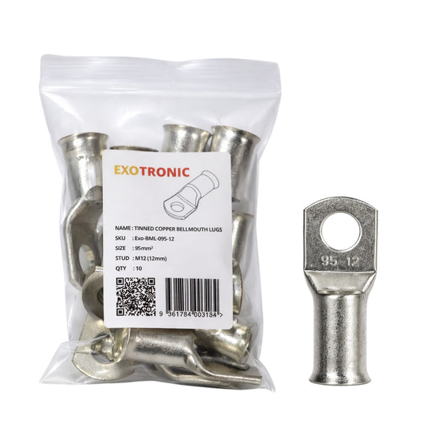 10 pack of 95mm² tinned copper bellmouth lugs with M12 stud hole and one loose lug