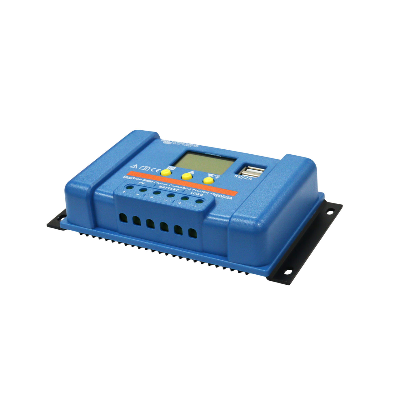 Right side view of Bluesolar charge controller with digital display on a white background