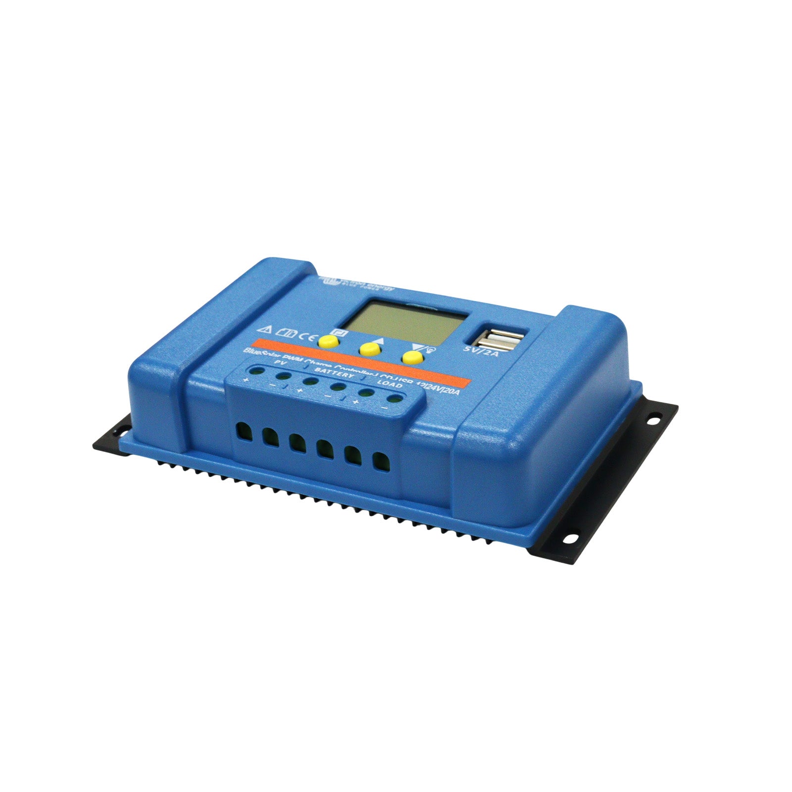 Right side view of Bluesolar charge controller with digital display on a white background