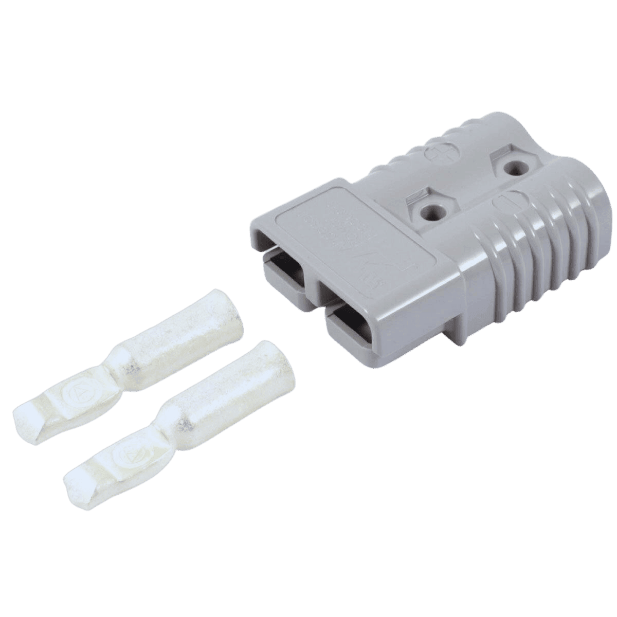Grey 175A Anderson plug connector kit showing housing and two 0 AWG silver contacts
