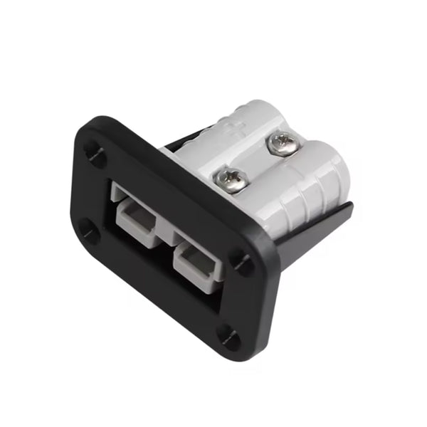 Rear view showing grey Anderson plug secured into black mounting bracket with screws