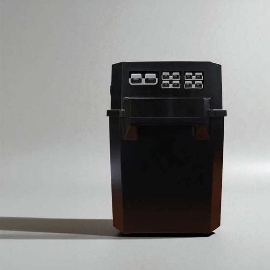 Rear of battery box showing four 50A grey Anderson plugs and one recessed 175A Anderson connector