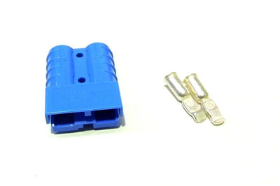 Blue 50A connector housing facing forward next to two unattached silver crimp terminals