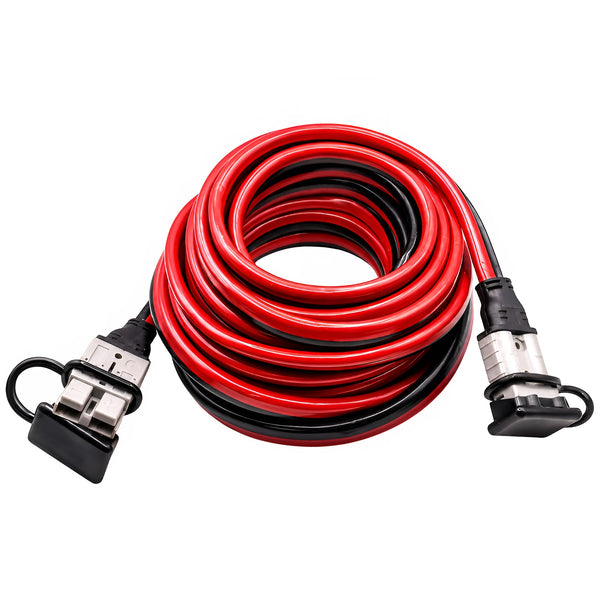 Coiled 10m red and black extension lead with 50A Anderson style plugs and dust covers