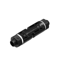 Angled view of connected bulkhead solar connector showing hexagonal nut