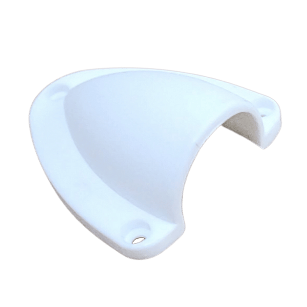 Angled view of white cable cover showing the arched rear opening for wires