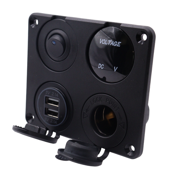 Angled view of 4-gang panel showing flush mount bezel and open dust covers