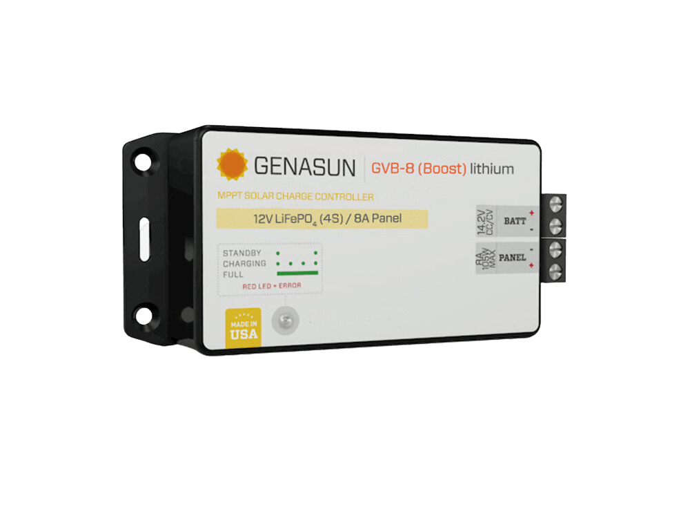 Angled view of Genasun boost controller showing compact black housing and wiring terminals